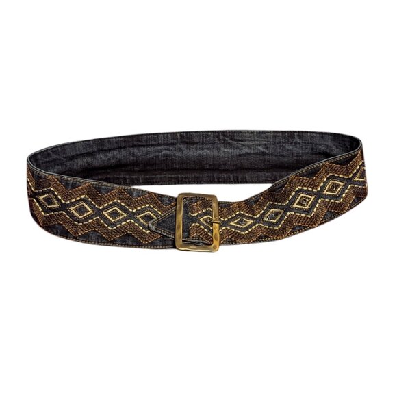Vintage Embroidered Denim Belt Boho Western Coastal Cowgirl 90\'s Bronze Buckle‎ main image 4